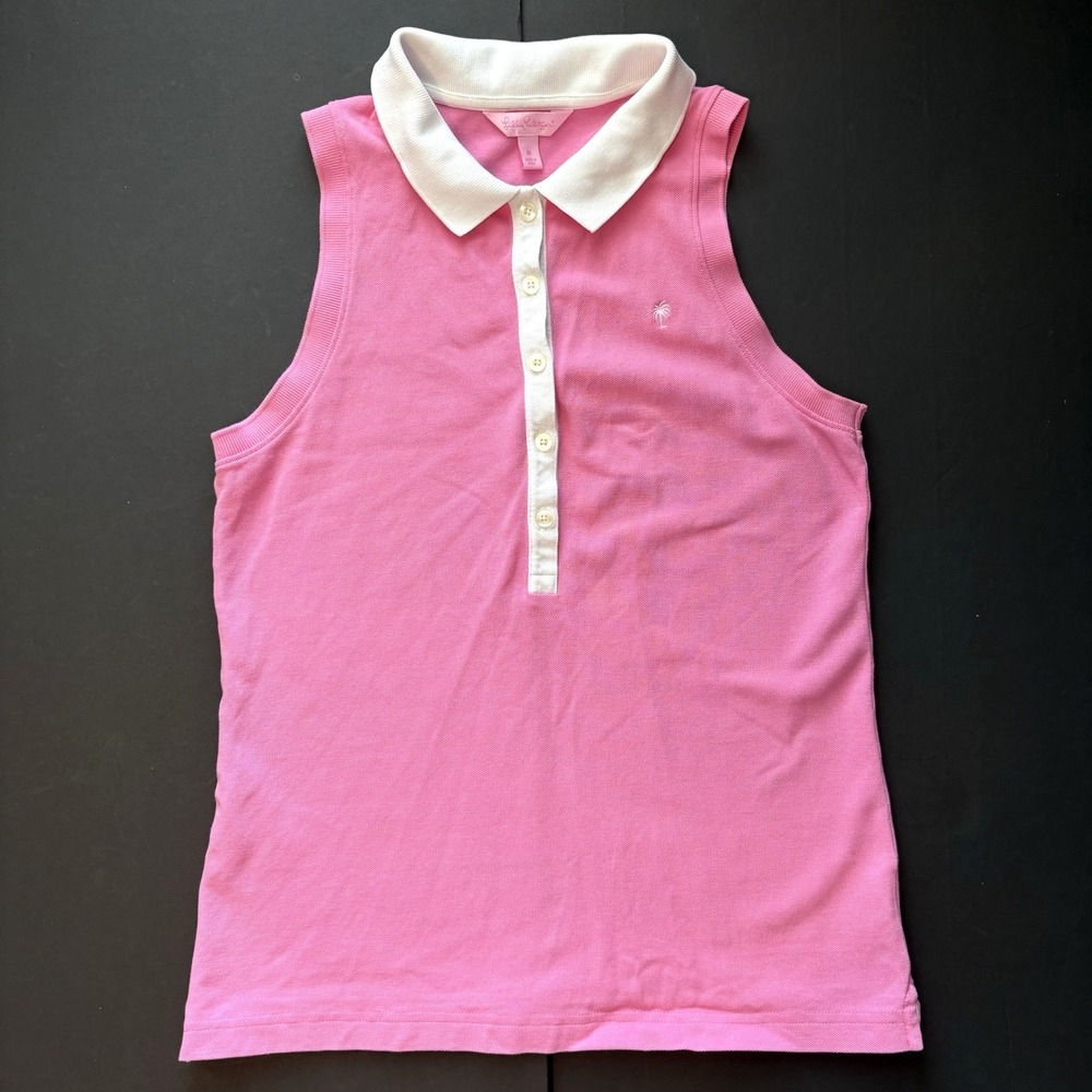 Lilly Pulitzer Medium Sleeveless Polo Pink w/ White Trim Palm Tree Golf Tennis